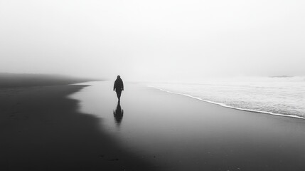 Solitary walk on secluded beach foggy environment black and white photography reflective mood