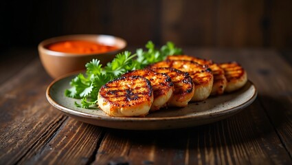 Grilled Halloumi Cheese with Spicy Red Pepper Sauce and Fresh Cilantro