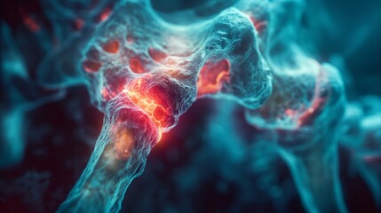 Close-up of a stylized human joint, showcasing intricate details of bone structure and inflammation in vibrant colors.