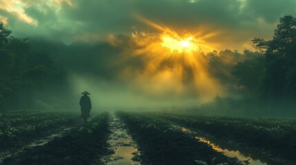 Fototapeta premium Silhouetted Farmer in Foggy Field at Sunrise