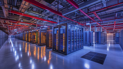 Data center. abstract digital warehouse. Server room of clouds computing technology. Server farm communication with internet. Network connection and information exchange lights glow in the dark.