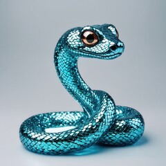 Fototapeta premium Shiny metallic snake sculpture with intricate scales and glowing red eyes, symbolizing elegance, mystery, and modern design in a surreal style.
