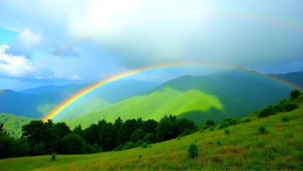 Fototapeta premium A photograph of a vibrant, multi-colored rainbow arching over a lush, green valley with rolling hills. The sky is mostly cloudy, with patches of blue peeking through.