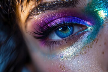 Female eye with vibrant eyeshadow makeup, glitter, and long lashes for cosmetic beauty and creative portraiture close-up