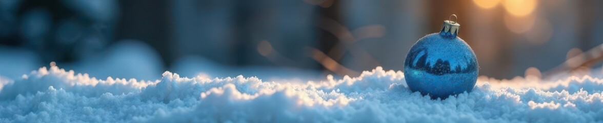 A glistening blue Christmas bauble rests on a snowy, rustic surface , simple, celebration