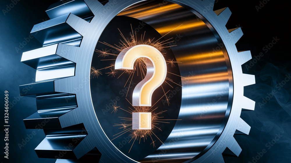 Aufkleber metallic gear with illuminated question mark inside, sparks surrounding it, suggesting problem-solvi