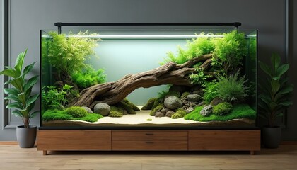Large aquascape aquarium with driftwood in modern home interior. Aquatic plants, moss, stones inside. Tranquil home decor with natural elements. Interior with aquarium imitates underwater world,