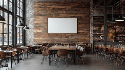 Spacious restaurant interior with wooden details and a customizable blank canvas