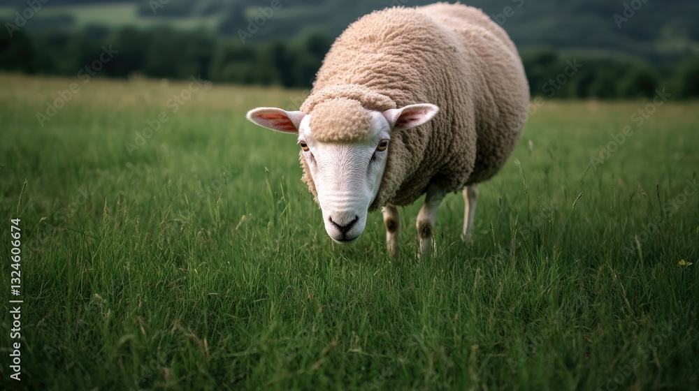 Poster capture close-up of serene sheep grazing in green pasture showcasing its soft wool texture with ampl