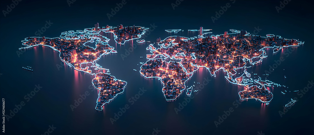 Poster illuminated world map on dark blue background with orange and blue lights abstract digital global ne