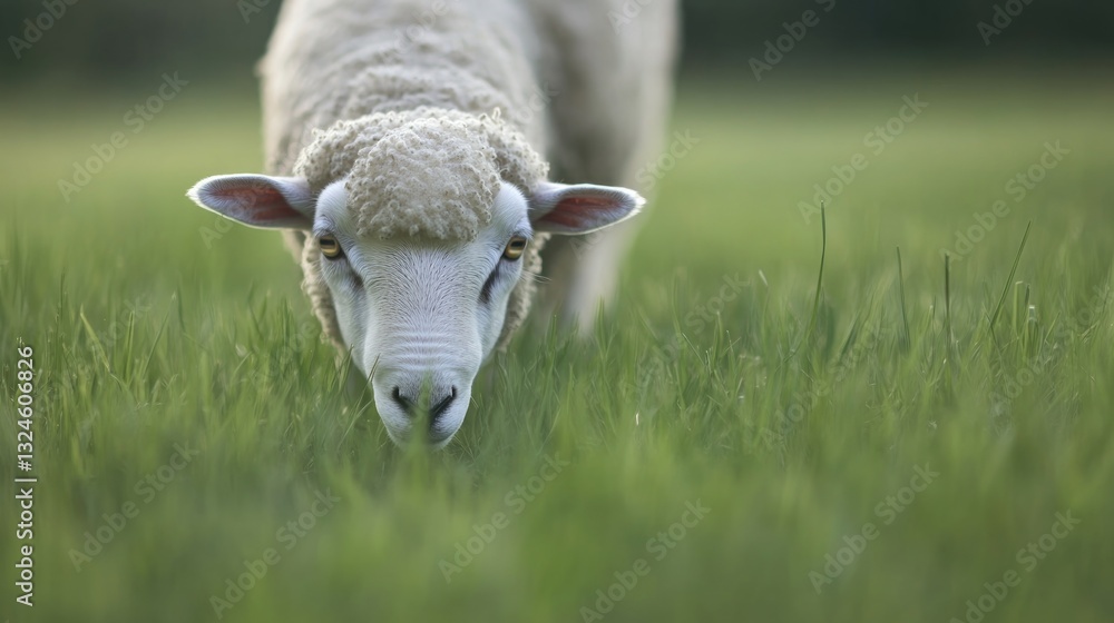 Poster capture close-up of serene sheep grazing in green pasture showcasing its soft wool texture with ampl