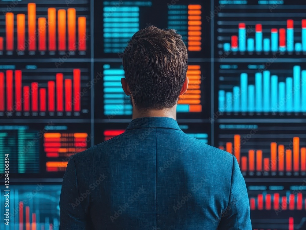 Aufkleber businessman and entrepreneur skills. a person analyzes data on large screens displaying colorful gra