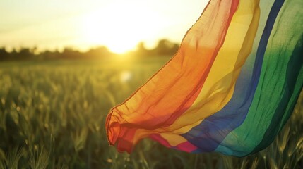 Rainbow flag waving in a wheat field at sunset