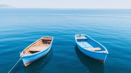 Obraz premium Serene aerial view of boats drifting in tranquil waters surrounded by gentle blue and turquoise hues