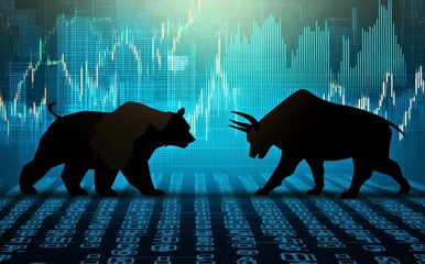 Two fighting bear and bull silhouettes on a stock market background with a blue trading graph, digital chart.