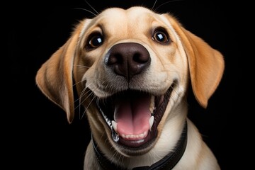 Happy Yellow Labrador Retriever Dog Smiling on Black Background, Close Up Portrait of a Joyful Pet