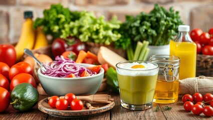 Healthy and Delicious Food Still Life Vibrant Vegetables, Fruit, and Nutritious Drinks
