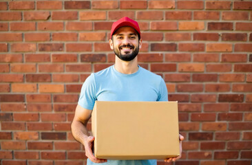 Young smiling man delivery man stands against the background of a red stone wall, hold cardboard box in his hands, in a red cap and blue T-shirt, delivery, place for an inscription
