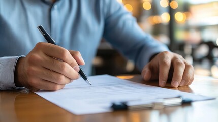 Man signing a document in a cafe