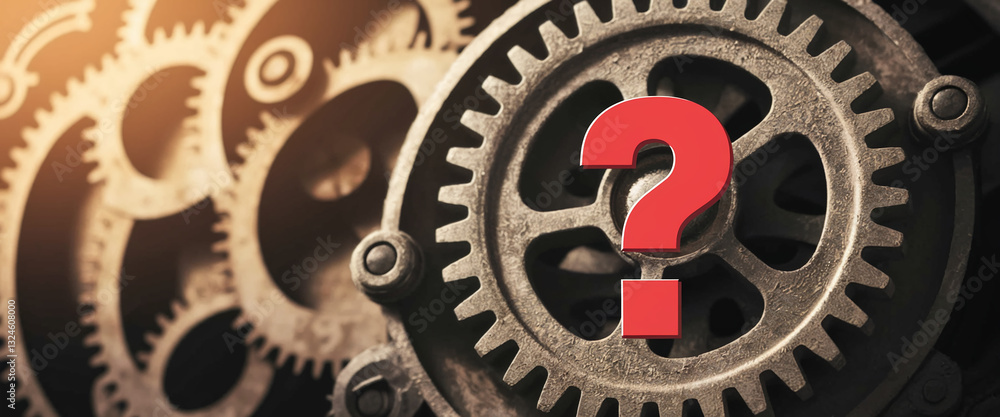 Aufkleber Close-up of metallic gears, showcasing a red question mark at the center, symbolizing uncertainty, problem-solving, or the mechanics of a question