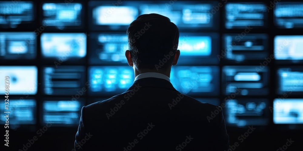 Aufkleber businessman and entrepreneur skills. a person in a suit observes multiple screens displaying data an