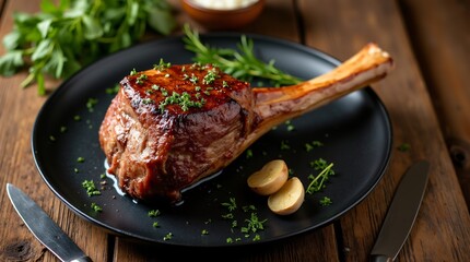  a beautifully prepared Tomahawk steak served on a black plate.