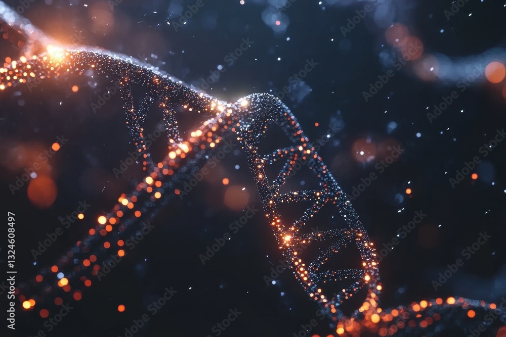 Poster exploring digital data processing intertwined with a glowing dna strand against a dark background, d