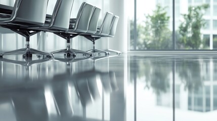 Reflective Office Interior: Modern Chairs and City View