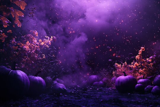 Halloween festival without text on Purple and Black: A mysterious color combination featuring spooky pumpkins and an abstract backdrop., 3D shapes, octane render, high detail, Hyper Realistic and 