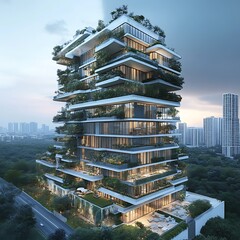 Vertical garden apartment building with sunrise and design high resolution picture
