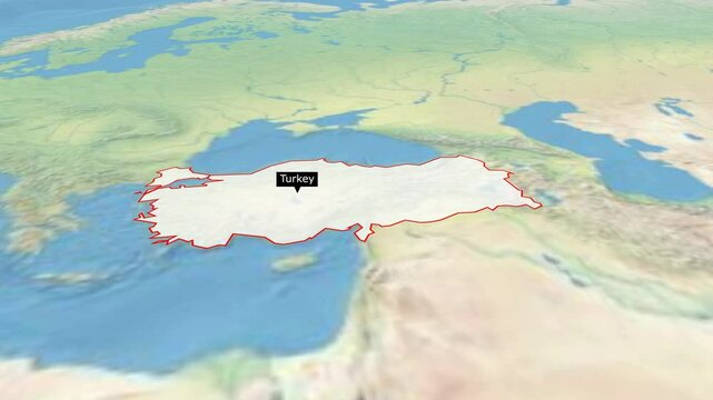Turkey map animation with highlighted border color, 3d Animated map of Turkey, Turkey maps zooming from top Space view, World Map Zoom In To Turkey