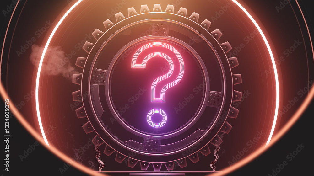 Poster neon question mark displayed on a dark, circular, gear-like background, creating a futuristic and my