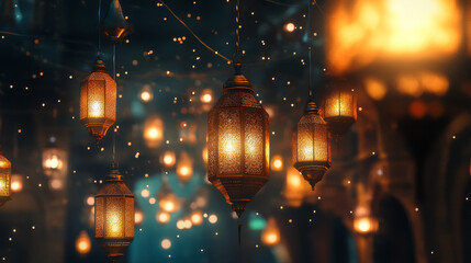 An elegant Ramadan Mubarak greeting design featuring softly glowing lanterns, radiating warmth and festive charm