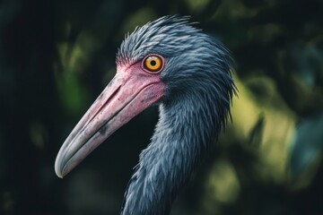 Fototapeta premium Dramatic Portrait of a Blue Crane: Majestic Bird with Striking Yellow Eye Against Soft Green Background