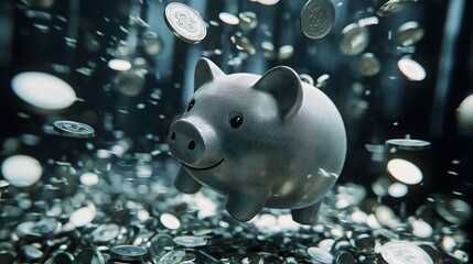 Silver Piggy Bank Surrounded by Falling Coins
