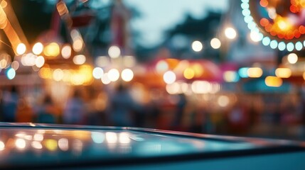 Obraz premium capture vibrant fairground scene at dusk with colorful lights illuminating various amusement rides and game stalls