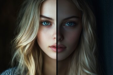 Contrasting Portrait of a Young Woman in Light and Shadow, Emphasizing Facial Symmetry and Serene Expression