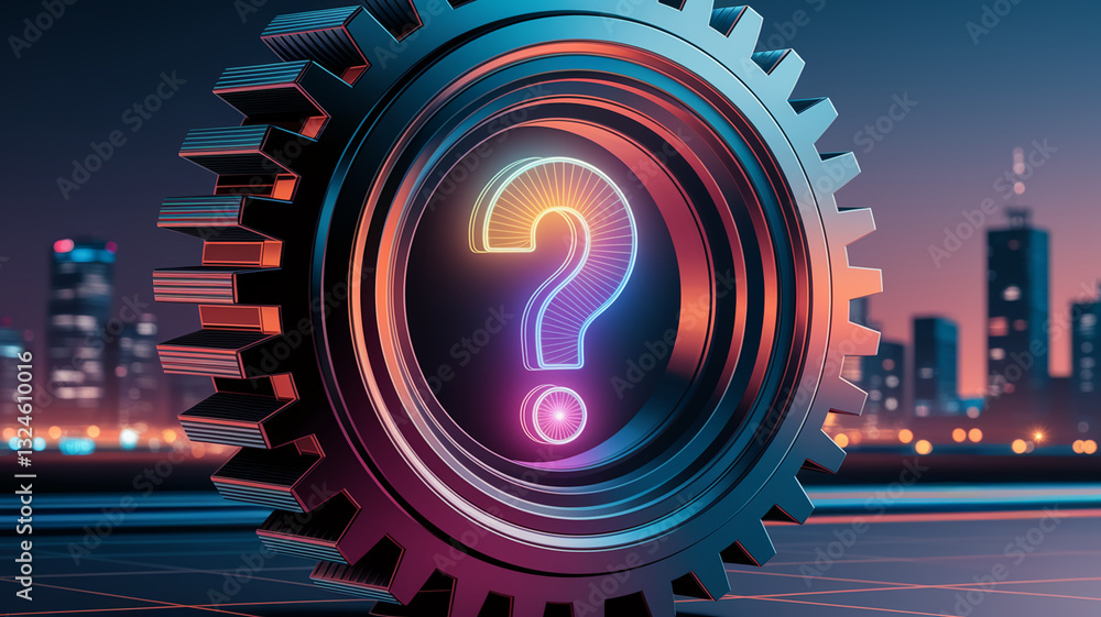 Poster metallic gear with glowing question mark, set against a cityscape backdrop. represents problem-solvi