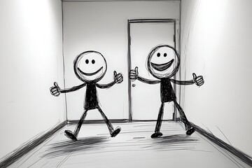 Obraz premium Two stick figure men quickly help each other up, sharing a hearty laugh and exchanging a thumbs-up in pure black-and-white line art style.