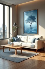 Fototapeta premium Office interior design with white sofa and blue painting depicting tree on the water. Wooden floor and table, plant add natural touch. Modern minimal contemporary style workspace.