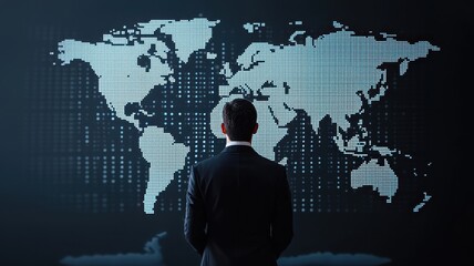 Businessman and entrepreneur skills. Business professional analyzing a digital world map backdrop.