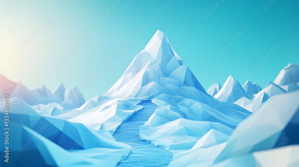 Poster abstract mountain with a path to the top. way to goal in digital futuristic style on a blue technolo