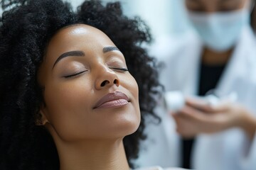 a woman with eyes closed getting beauty treatment