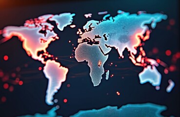 Fototapeta premium Global logistics, artificial intelligence technologies. World map shows supply chain network for import, export. Automation, optimization, efficiency, dependability. International business, trade,