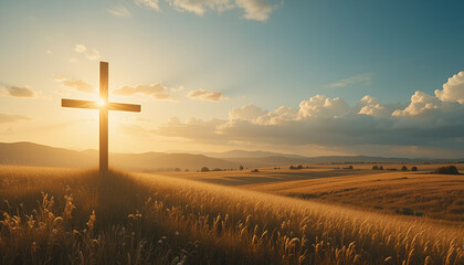 Beautiful easter background with copy space, cross in a field with sunset background 