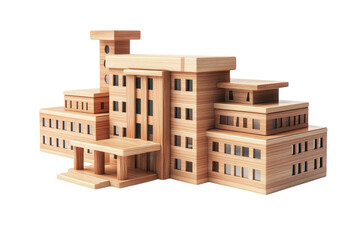 An intricate wooden model of a modern architectural building in a bright studio setting isolated on transparent background