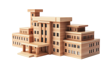 An intricate wooden model of a modern architectural building in a bright studio setting isolated on transparent background