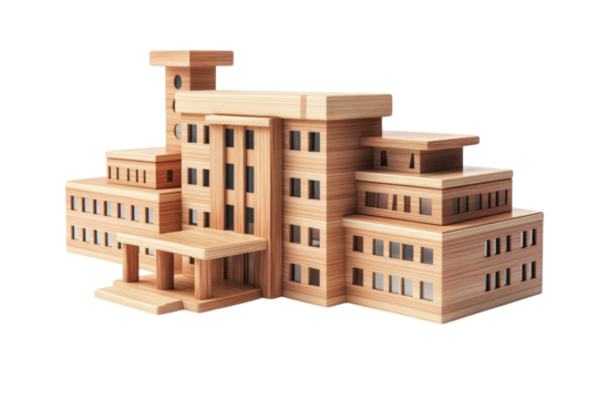 An intricate wooden model of a modern architectural building in a bright studio setting isolated on transparent background