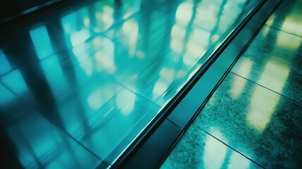 Teal escalator surface reflecting light.