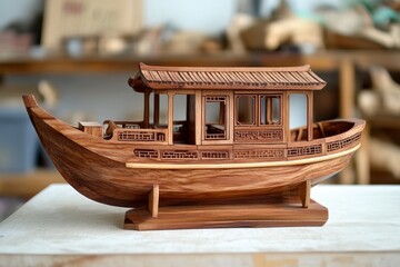 Obraz premium Handmade wooden boat from Zhujiajiao Village showcasing intricate craftsmanship, Handmade wooden Chinese boat Zhujiajiao Village Shanghai